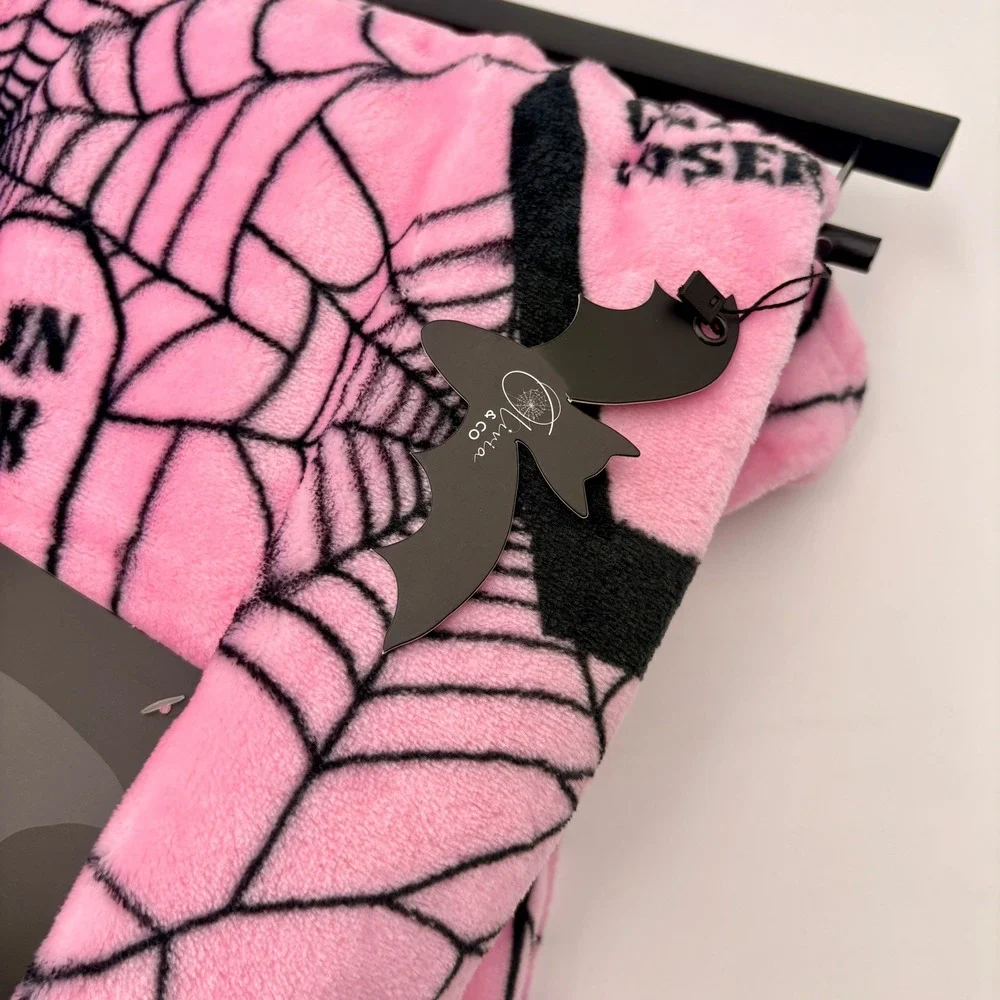 Olivia & Co Pink Black Halloween Get In Loser Coffin Spiderweb Throw Blanket